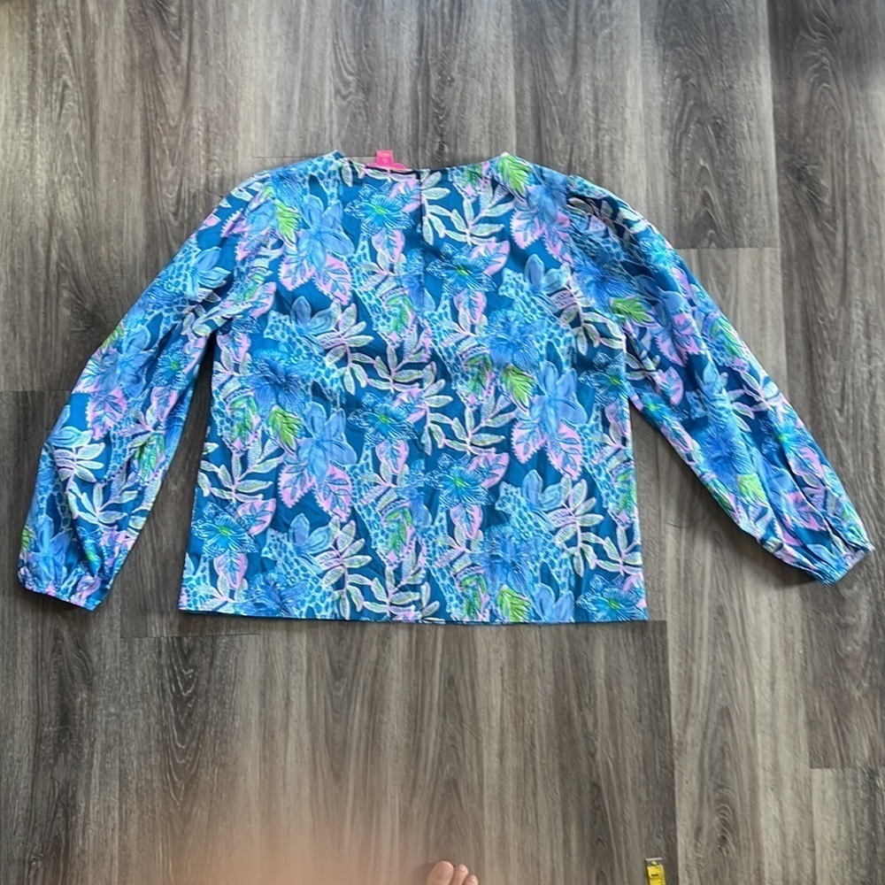 Lilly Pulitzer Blue Bell Sleeve Blouse XL Multicolor Ruffle Cotton Top Summer - Picture 4 of 11